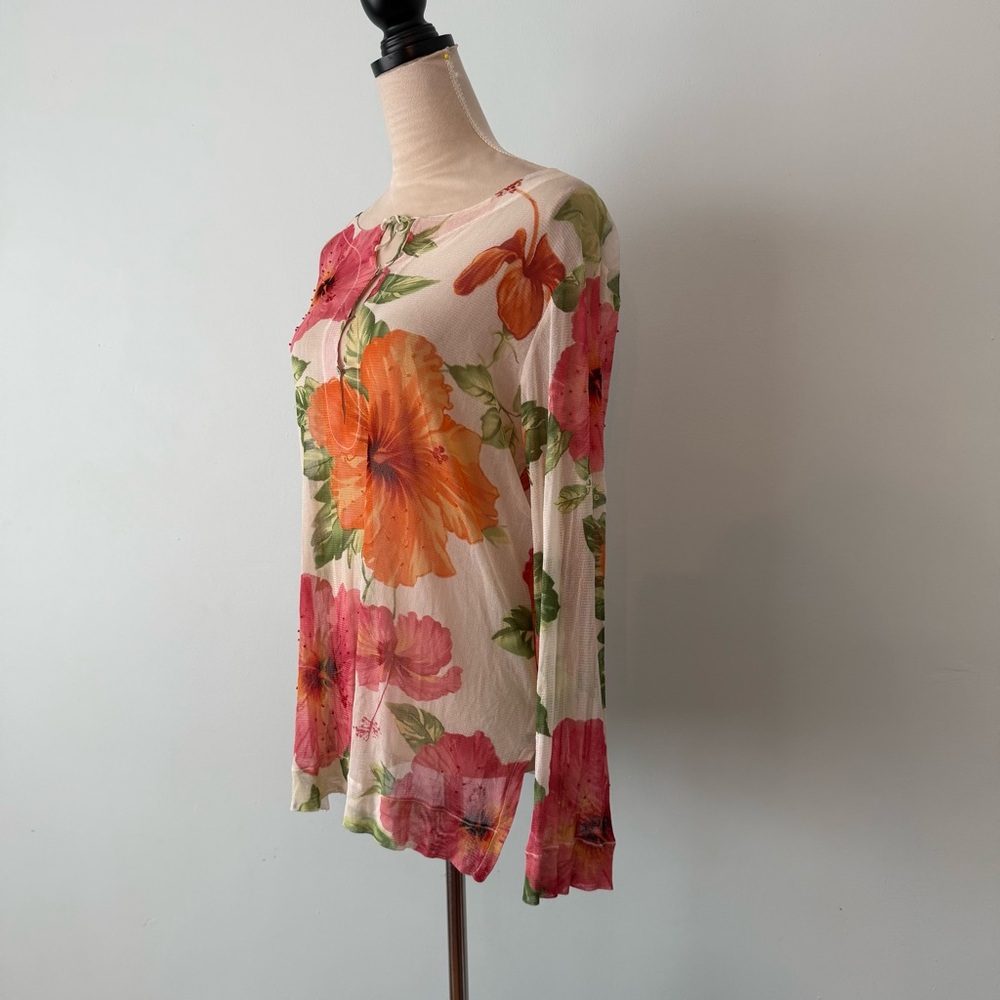 Tommy Bahama | Sheer Floral Mesh Top Cover up Beaded Hibiscus Long Sleeve Sz M - Picture 6 of 11